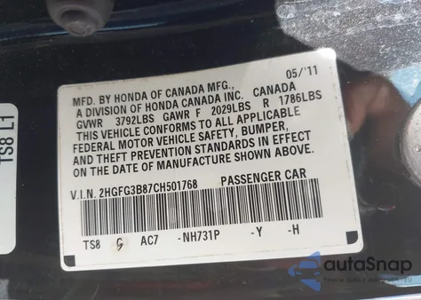 2012 Honda Civic Ex z USA, uszkodzony, nr VIN 2HGFG3B87CH501768